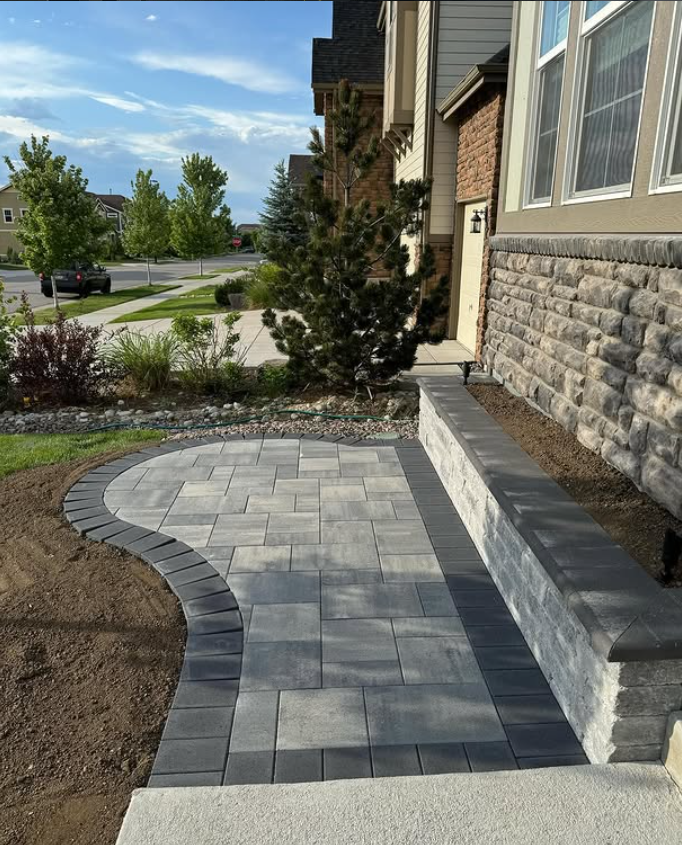 Curved interlock walkway with garden wall in Mississauga